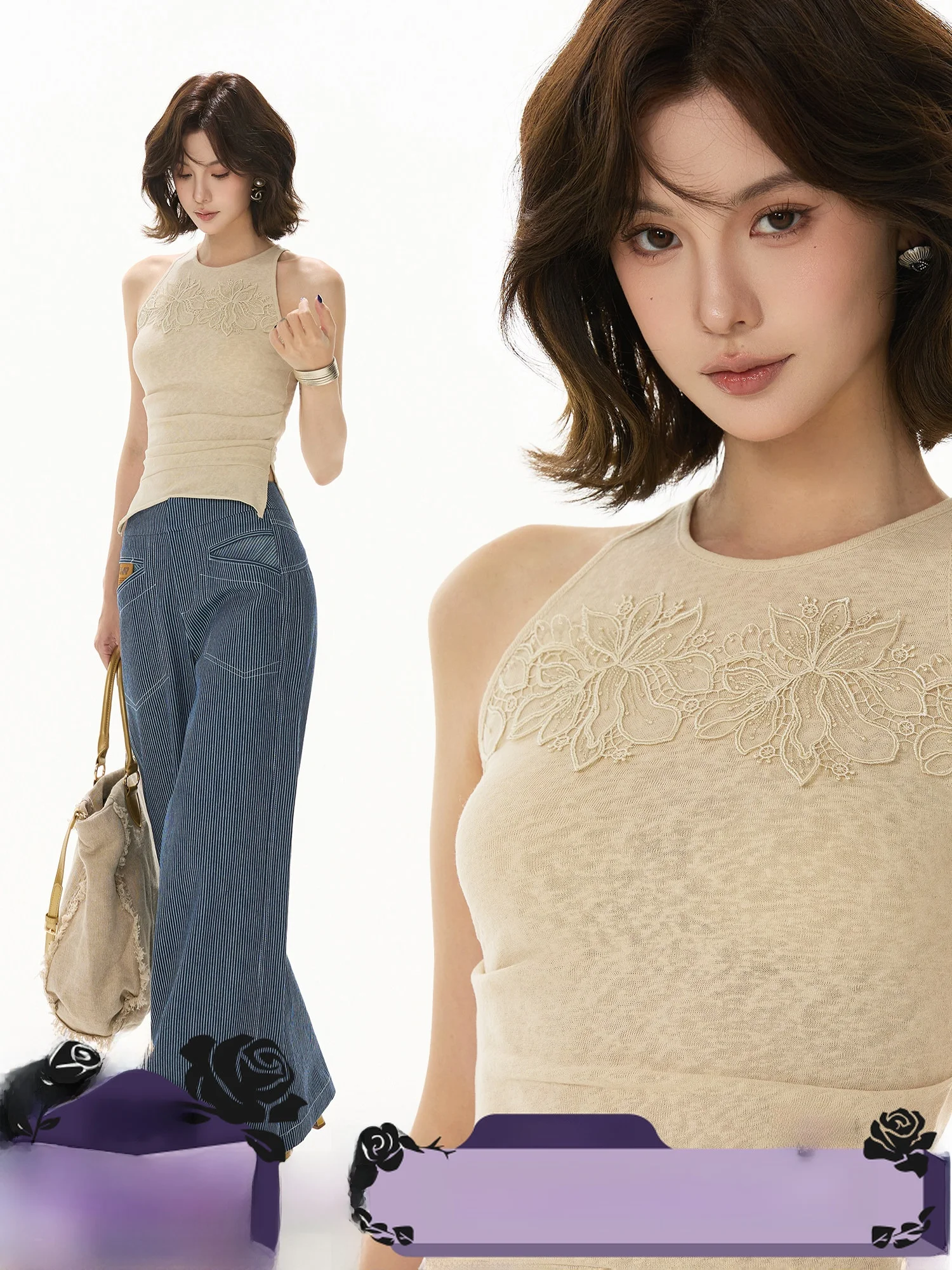 

CYNR Original Design Embroidered Lace Hollow Flower Slim Fit Knitted Vest k Pattern Floral awl Knit Top Women's Faion