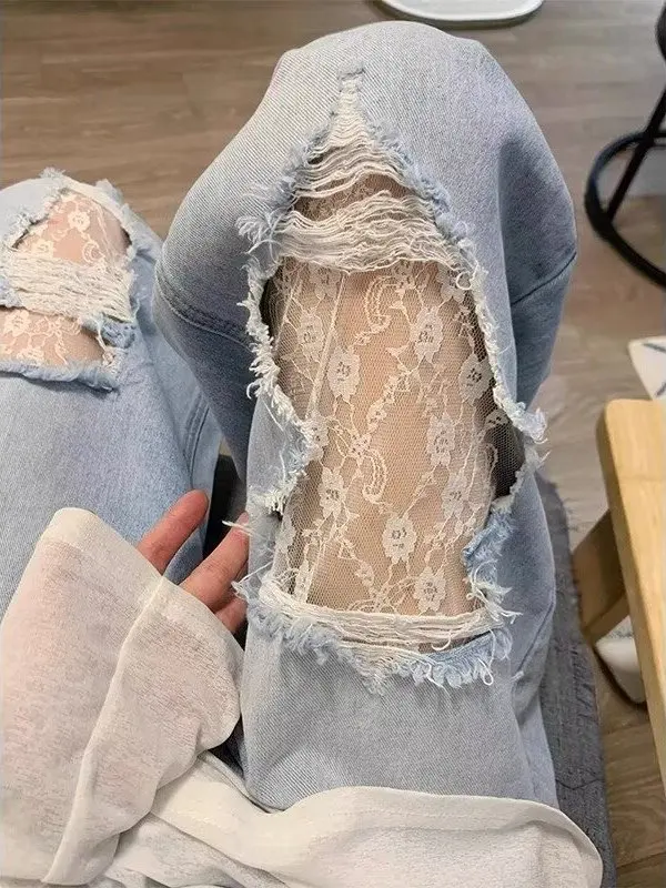 

Retro Large Size Lace Hole Denim Pants Women's Summer New Design Splicing Hollow Loose Wide Leg Long Trousers Casual High Wai