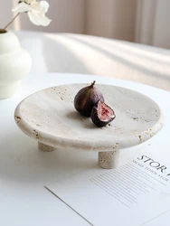 Wabi Sabi Marble Reception Tray Decorative Fruit Bowl Table Decor Vintage Travertine Stone Jewelry Perfume Plate with Three-legs