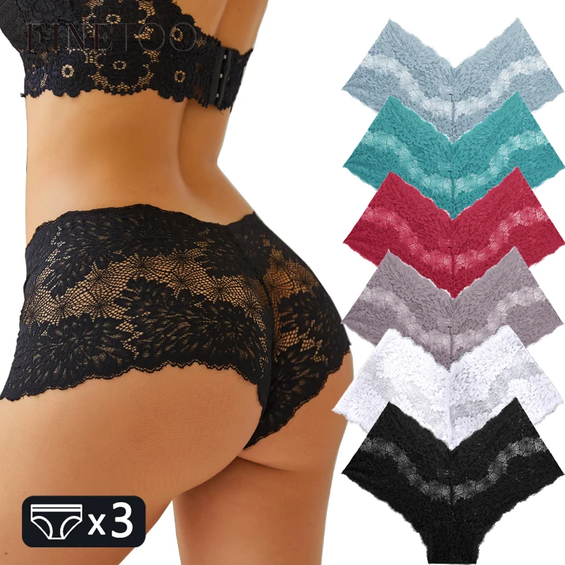 FINETOO 3PCS Women Lace Panties Sexy Floral Perspective Underpants Female Low Rise Boyshort Soft V-Waist Intimates Lingerie S-XL