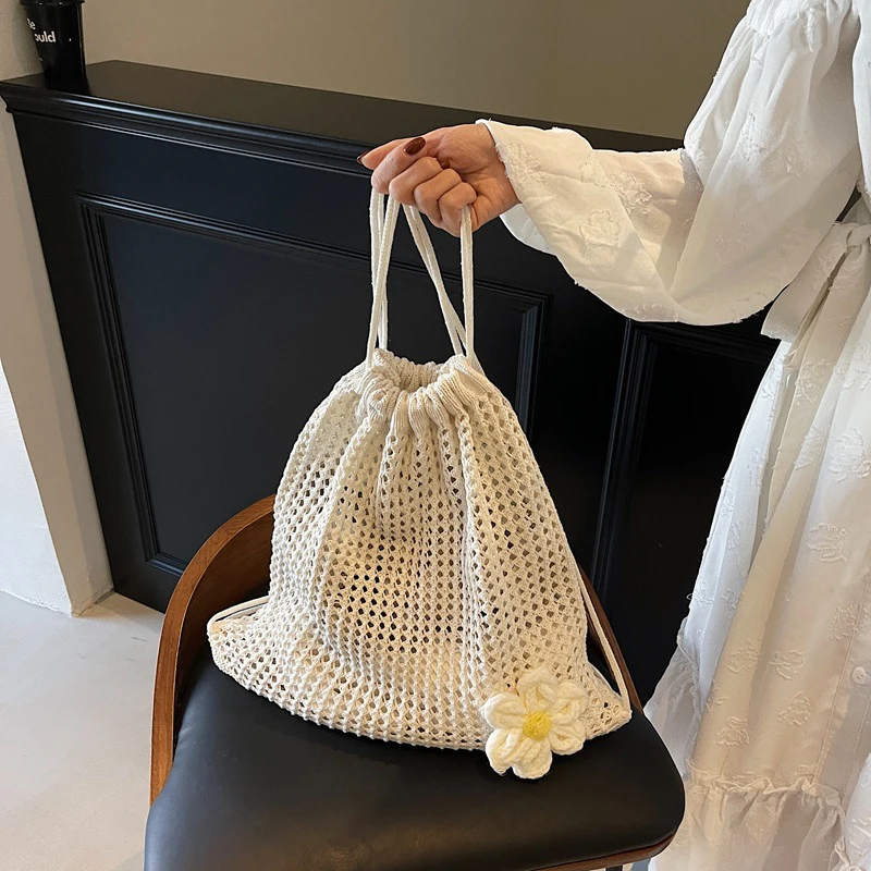 

Solid Color Knitted Shoulder Bag Large Capacity Bohemian Crochet Backpack Hollow Multifunctional Women's Beach Travel Handbag