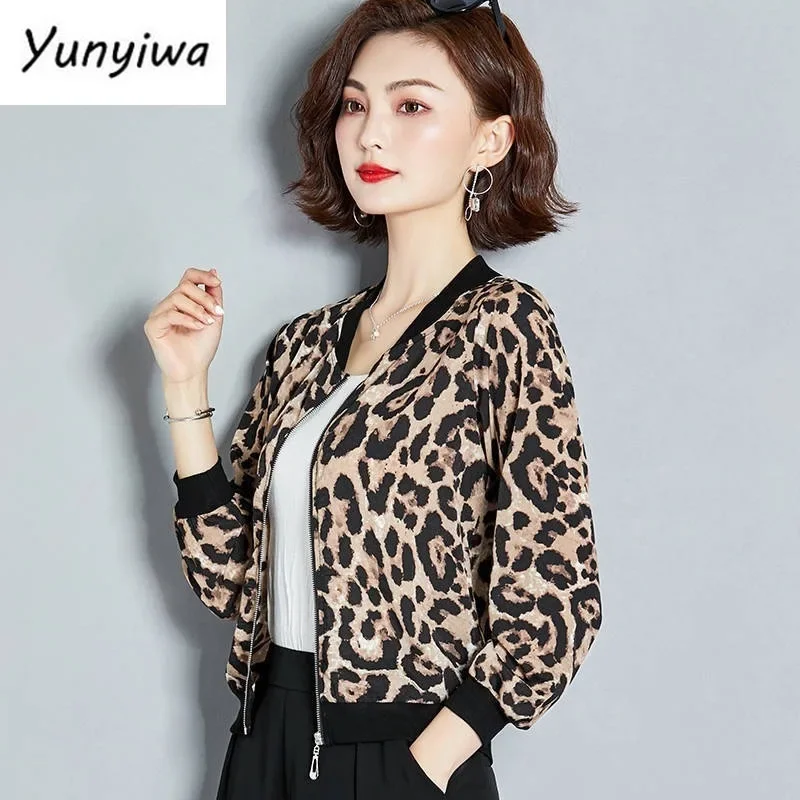 Leopard Print Women Jacket thin Coat Stand Collar Long Sleeve Bomber Jacket Casual Tops Jacket Woman big size Tops Ladies Coats