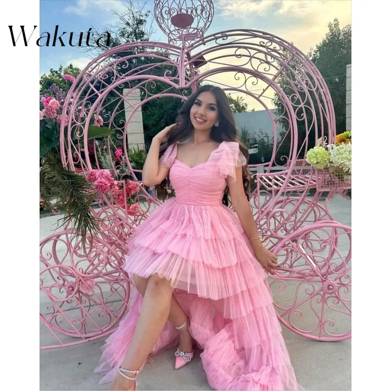 Wakuta Sweet Strapless Lace Sleeves Ballroom Robe Elegant Pink Chiffon Multi-layer Tight Corset Party High and Low Holiday Dress