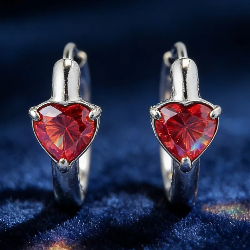 

1 Pair 0.5Carat Romantic and Sparkling Heart-shaped Red Moissanite Circular Ear Stud Earrings, Premium Earrings Perfect.