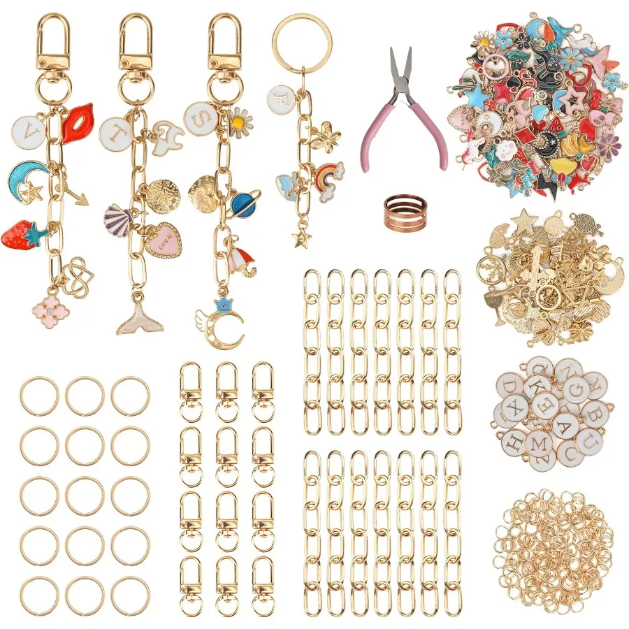 

348 шт. комплект для изготовления брелоков, комплект подвесок для сумки, 126 подвесок, 20 зажимов для брелков с кольцом для ключей, ювелирные изделия, плоскогубцы30, удлинитель цепи, поворотная защелка