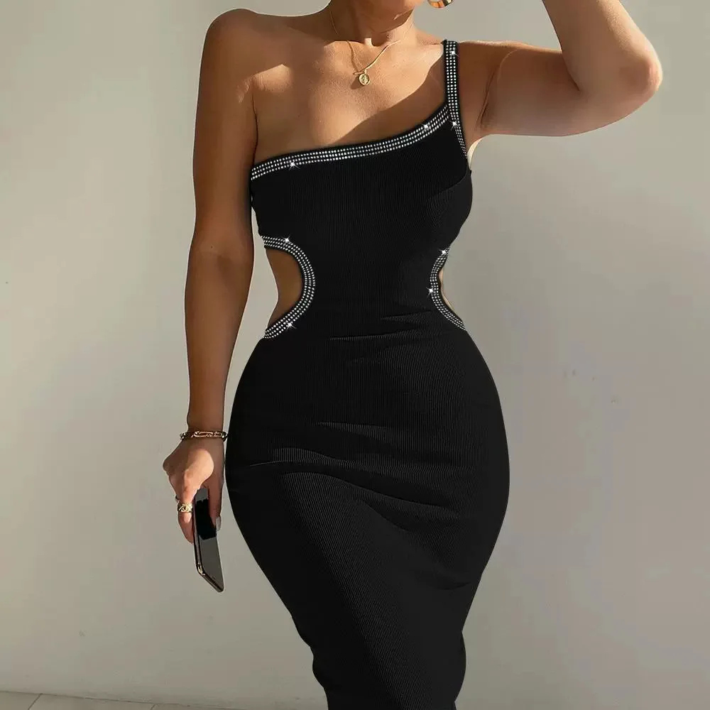 Dress Women Sexy Mid Length Dresses Slim Fit Sleeveless Hot Drilling Hip Wrap Elegant Splice Party Solid Tight Waist Vestidos