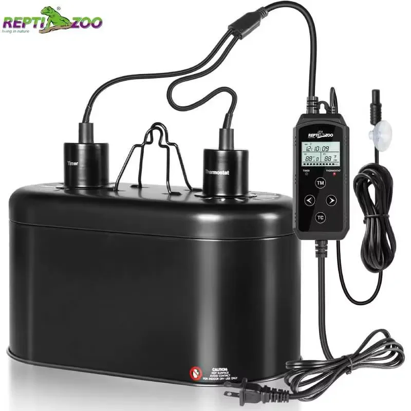 for-reptizoo-oem-logo-dual-deep-dome-lamp-fixture-with-pid-dimming-thermostat-timer-aluminium-black-for-reptiles-lizards-150w