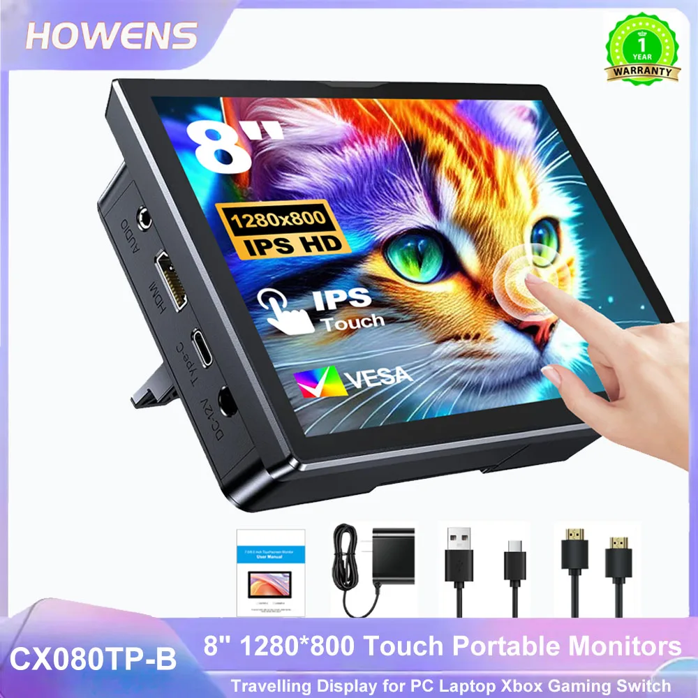 

HOWENS 8 inch Touch Monitor Display 1280x800 HDMI IPS Monitor Built in Speaker Fan 60Hz for Phone Laptop Gaming Switch PC Extend