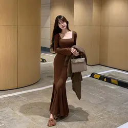 Square Collar Long Sleeved Fish Tail Wrapped Hip Dress with Feminine Temperament High-end Slim Fit Step by Step Lotus Long Skirt