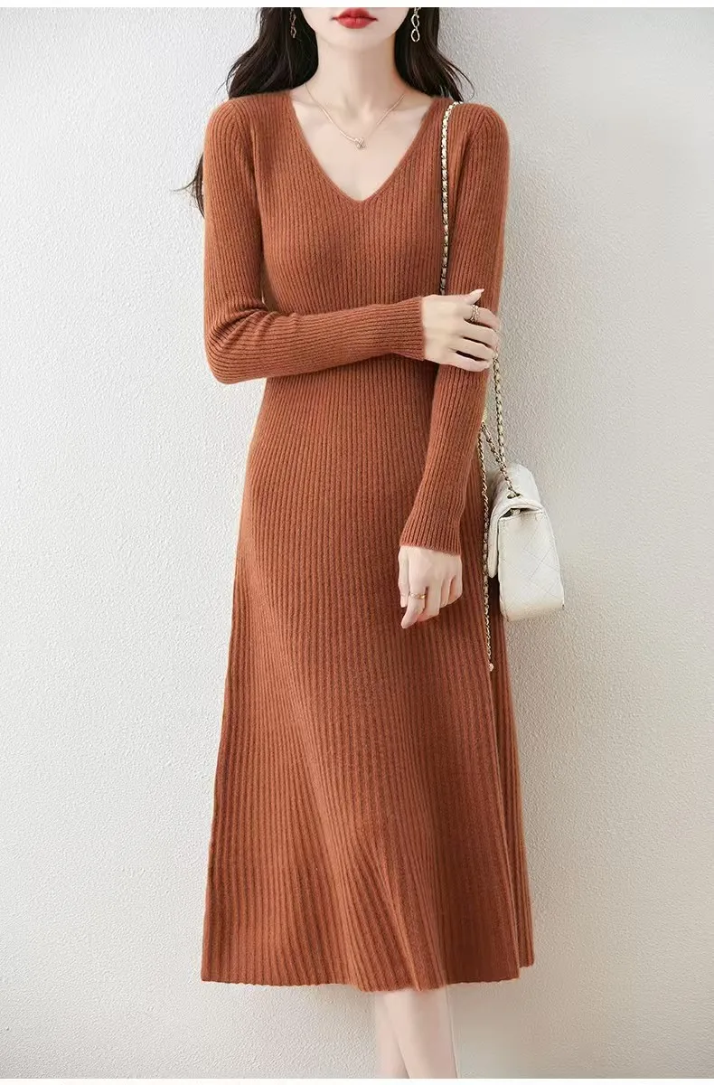 Temperament V-neck pure wool knitted dress, autumn and winter tight fitting hip hugging skirt, long cashmere sweater base skirt