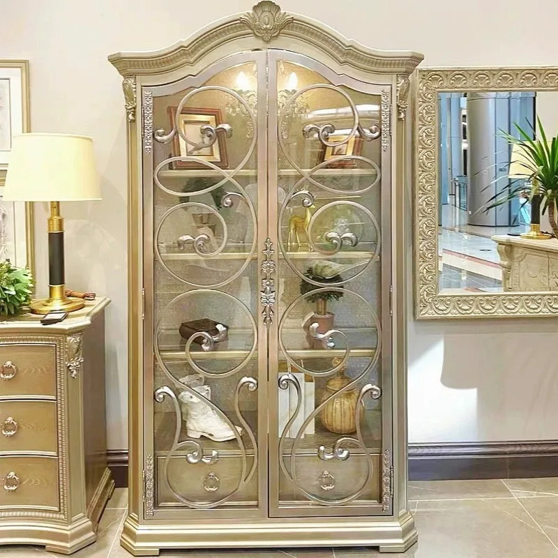 

French solid wood wine cabinet post-modern simple light luxury glass door display cabinet American retro ART Zhuyuan dining side