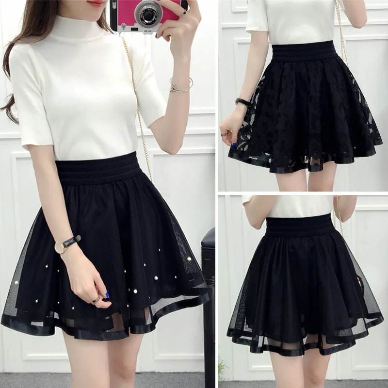 

Spring and Summer New Mesh Short Skirt Korean Style Elastic Waist Versatile Puffy SkirtaHigh Waist Lace Skirt Skirt Pants for Wo