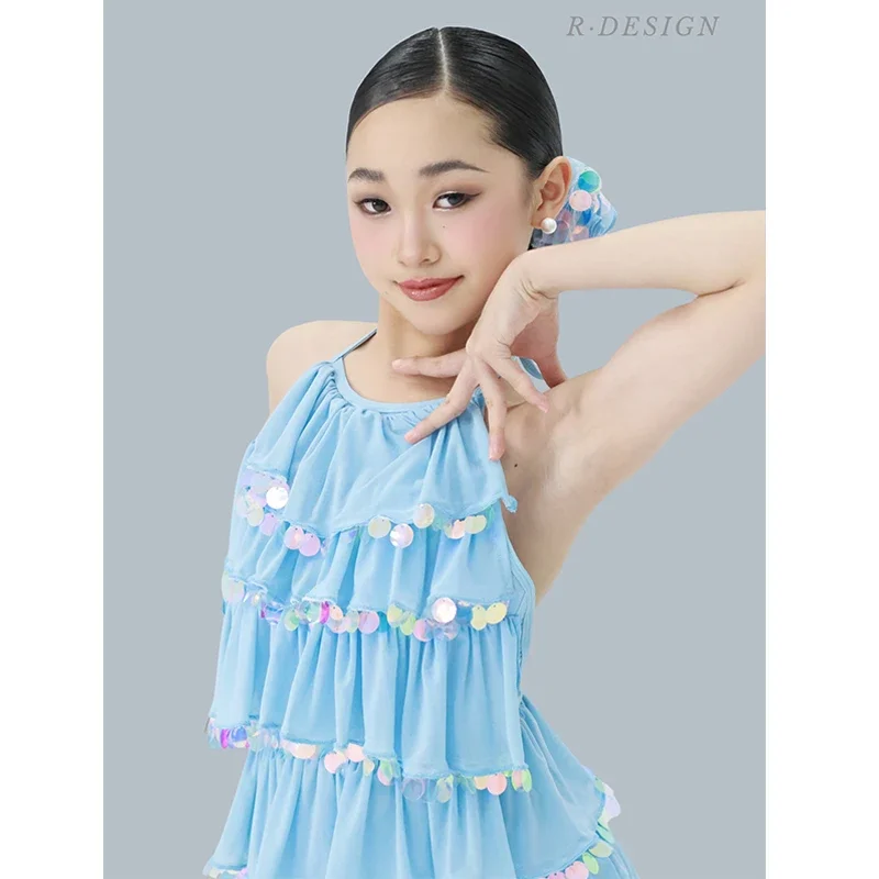 Meninas vestido de dança latina desempenho traje lantejoulas plissado vestido azul preto competição crianças cha cha rumba vestido dnv24713