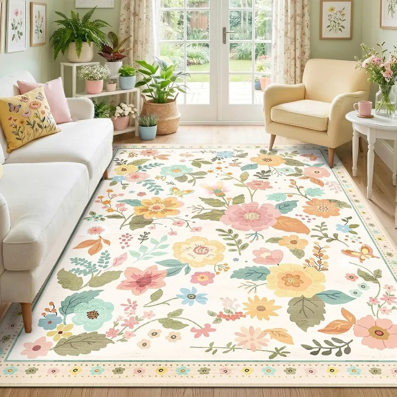 French Farmhouse Small Floral Large Living Room Carpet Fresh Colorful Flower Bedroom Bedside Rug Non‑Slip Washable Floor Mat