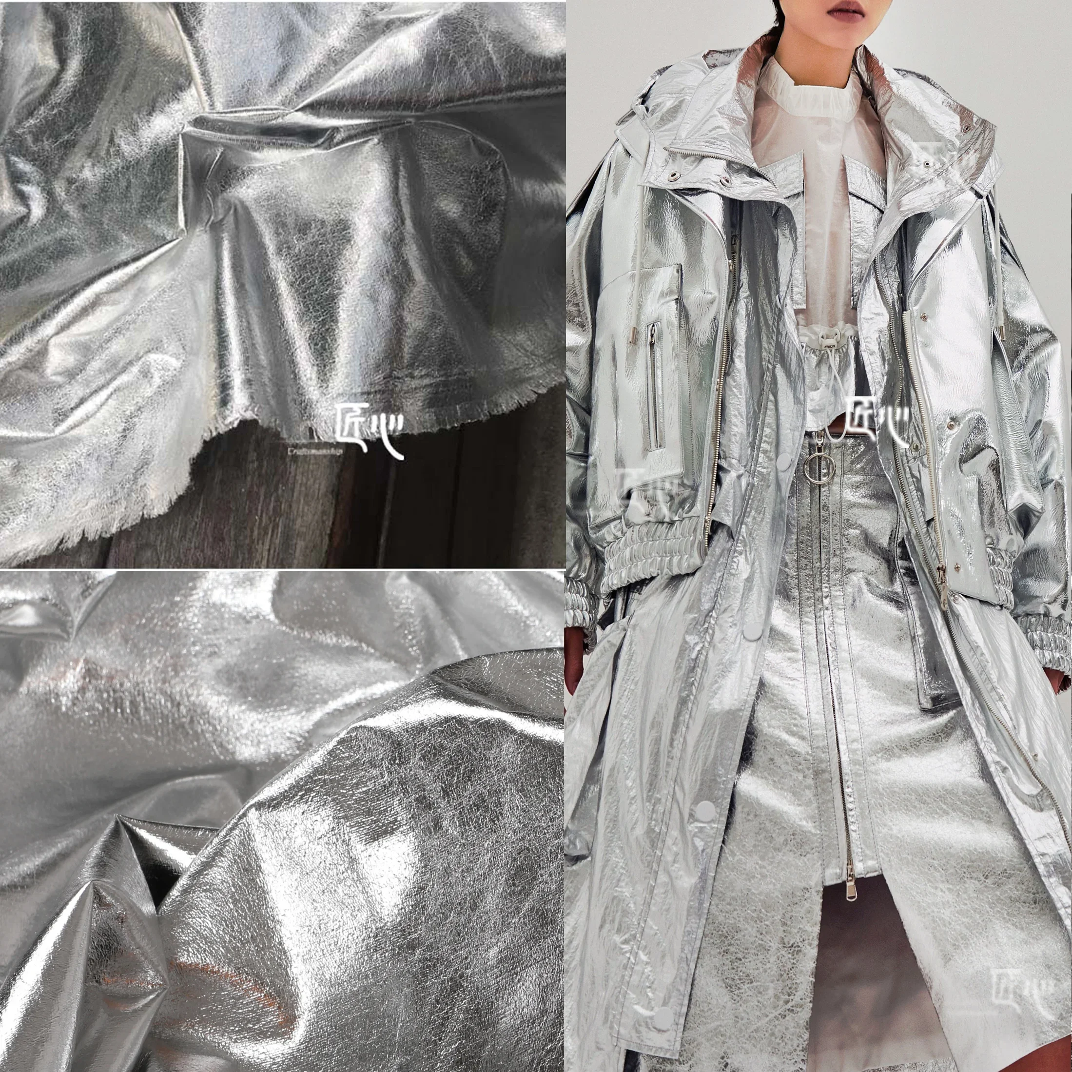 Fabric Wide 145cmx50cm Leather Silver Mirror Coated Soft PU Bright Non-Elastic DIY Hand-Stitched Coat Jacket Stage Accessories