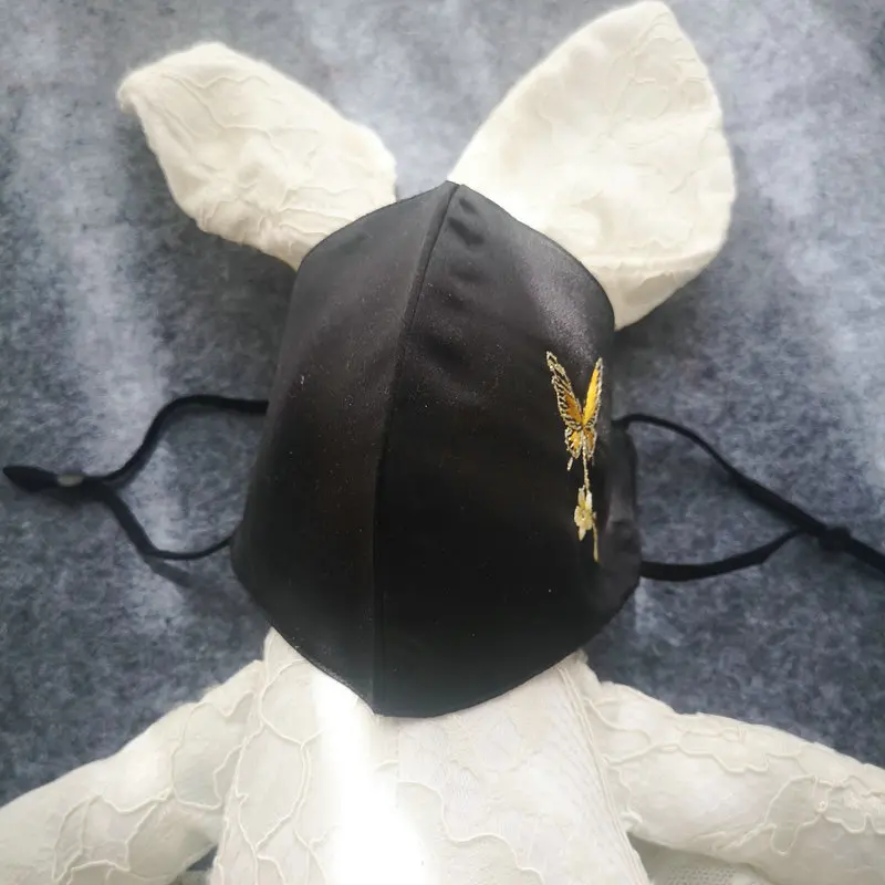 Oriental Aesthetic Art Black Mulberry Silk Mask with Gold-Threaded Butterfly Hand-Embroidered Design Breathe Style Silk Mask