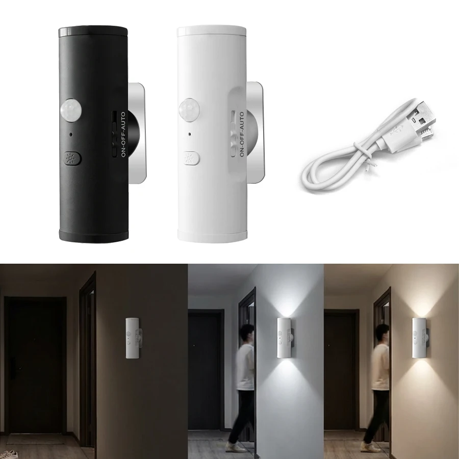 

Mini 3colors Double-head Wall Light Motion Sensor Magnetic Night Light Rechargeable LED for Bedroom Closet Garden Room Decor