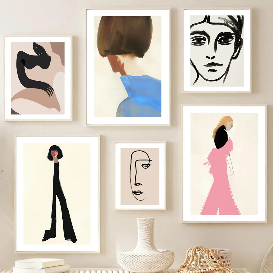 Lady In Aquarelle Black Brush Lines Abstract Nordic Posters And Prints Wall Art Canvas Painting Pictures For Living Room Decor