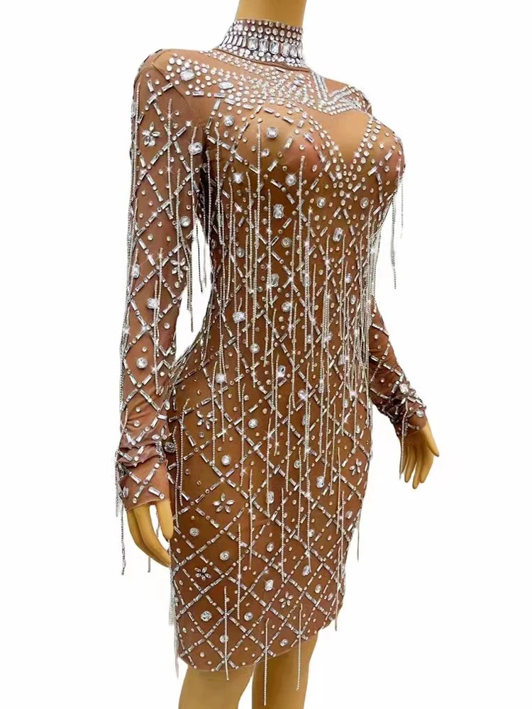 Vestido con borlas de diamantes de imitación brillantes para mujer, traje de actuación de escenario, espectáculo de celebración de fiesta, ropa de sesión de fotos, transparente, canto