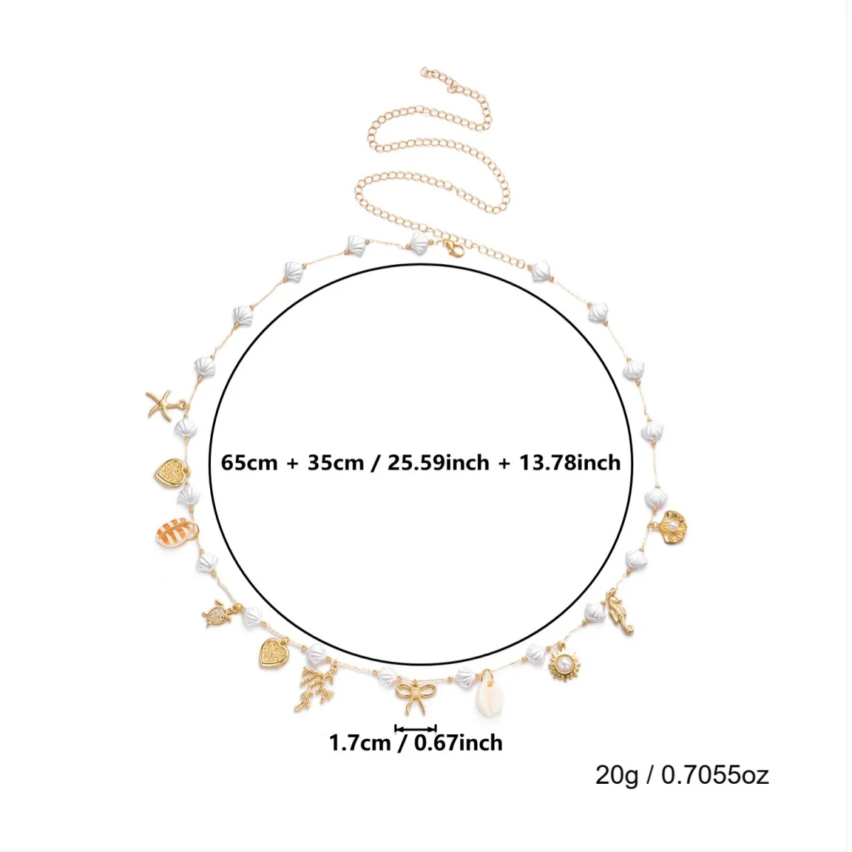 Acryl-Muschel-Sonnenkorallen-Bowknot-Seepferdchen-Taucherquasten-Taillenkette für Damen und Herren – Boho-Ozean-Herz-Bauchkette als Körperschmuck – Detail 22