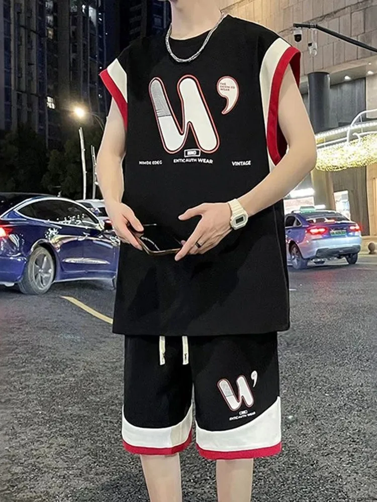 Summer New Fashion Trend Sports Fitness Vest Shorts Suit Men's Casual Relaxed Breathable Large Size High Quality Two-Piece Set