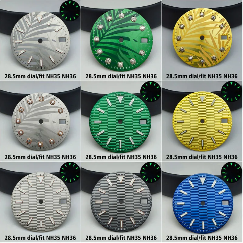 Replacement 28.5MM Watch Dial Single Calendar Green Luminous Dial for NH 35/36 Quartz Movement Watches Modification Parts