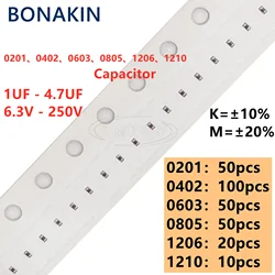 0201 0402 0603 0805 1206 1210 SMD Capacitor 1uF 2.2uF 4.7uF 6.3V 10V 16V 25V 35V 50V 100V 200V 250V X5R X7R 10% 20% Bonakin
