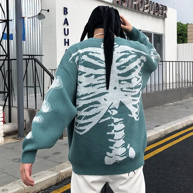 Men Oversized Sweater Black Loose Bone Print Women Vintage Retro Knitted Sweater 2024 Autumn Cotton Pullover Unisex