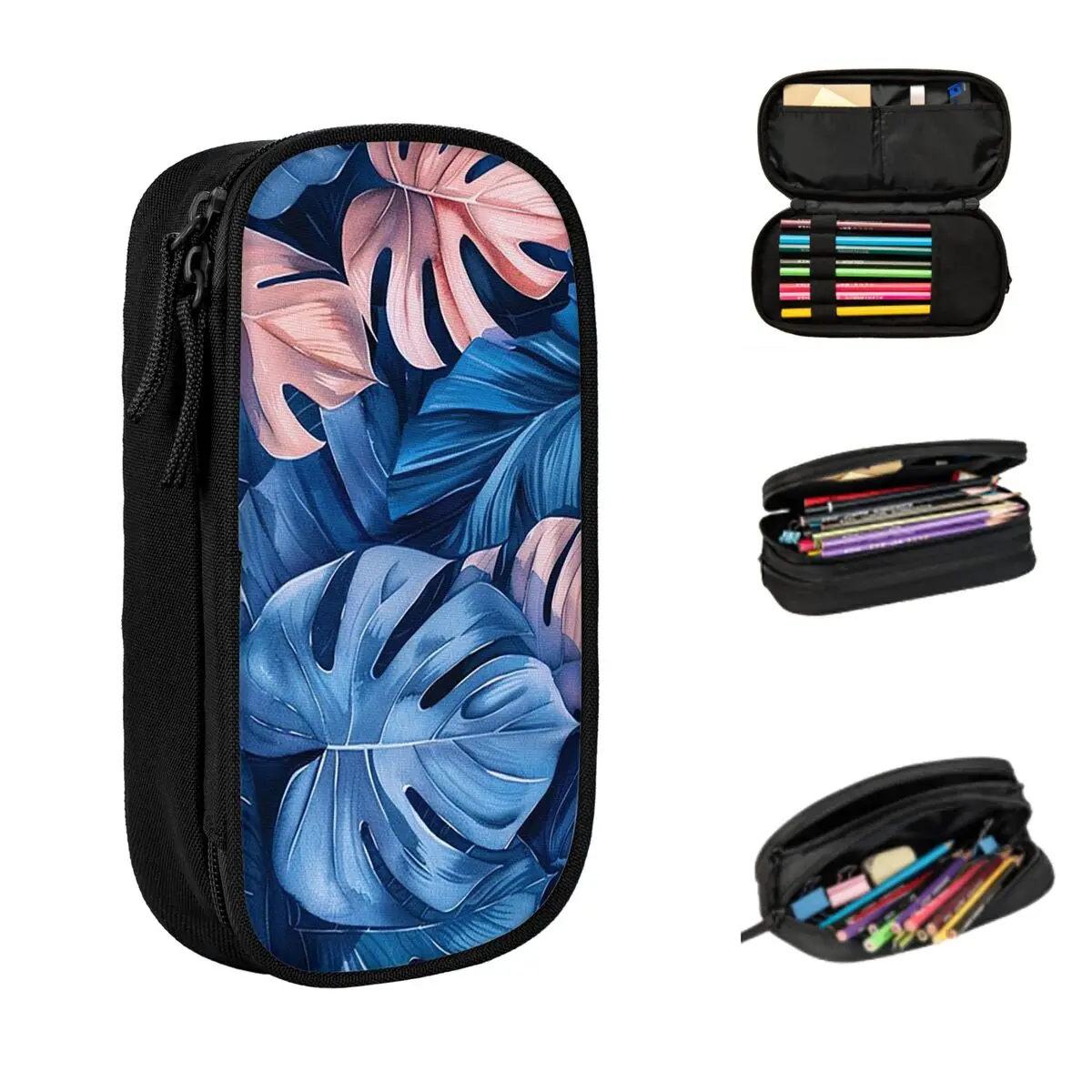 

Синий пенал с листьями монстеры для студентов, школьный пенал-коробка, сумка для канцелярских принадлежностей, держатель для ручек