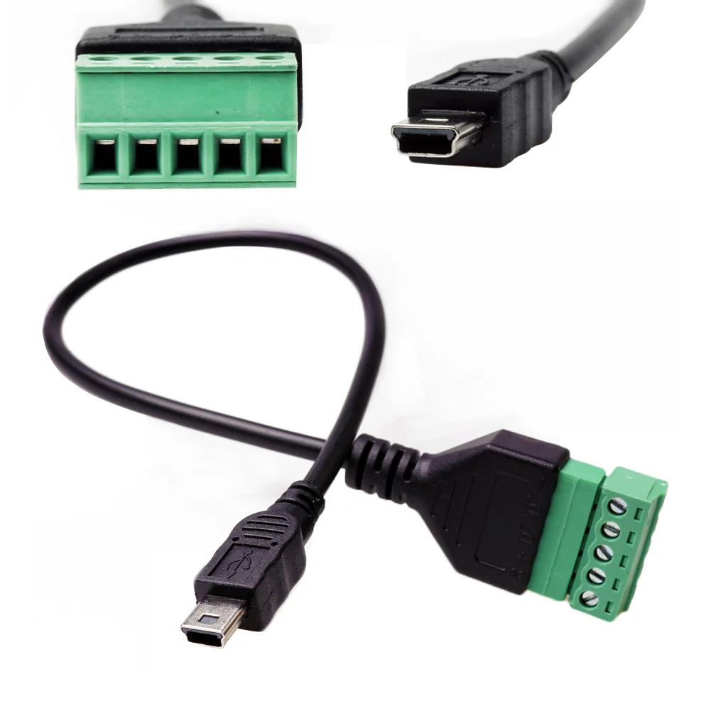 1pc Mini USB 2.0 Male to 5 Pin Screw Connector with Shield Solderless Terminal Plug Adapter Cable Cord 30cm/1ft