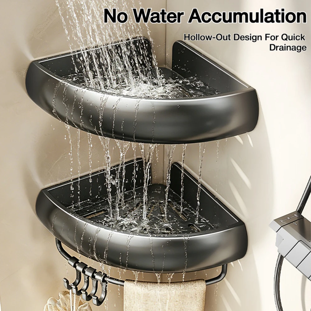 Bathroom Shelf No Drill Wall Mounted Space Aluminum Arc Triangle Basket Shampoo Bottle Shower Rack Toilet Storage Rack With Rod