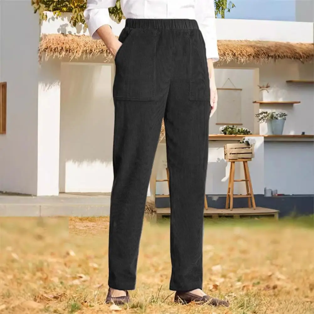 Wide-leg Bottoms Women's Corduroy Casual Pants with Elastic Waist Pockets for Office Travel Solid Color Straight Leg Slacks