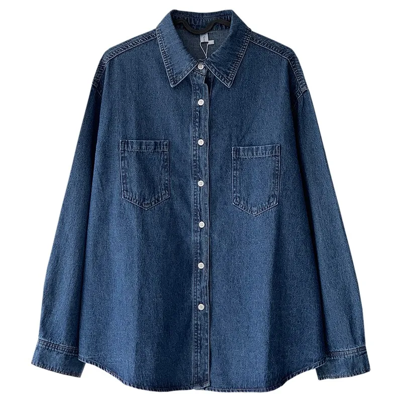 S-5XL Denim Shirt for Women Oversize Turn Down Collar Full Sleeve One Breasted Solid Blouses Spring Female Jean Tops