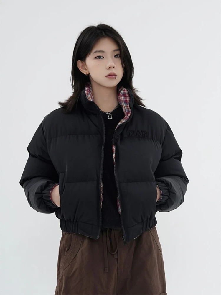 Winter Cropped Thicken Jacket Women Double-sided Retro Korean Style Cotton Padded Parkas High Street Vintage Loose Pocket Coat