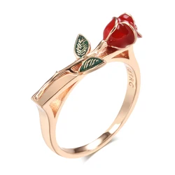 Kinel New Creative Rose Ring For Women 585 Rose Gold Color Red Enamel Fashion Fine Jewelry Wedding Party Cute Vintage Rings