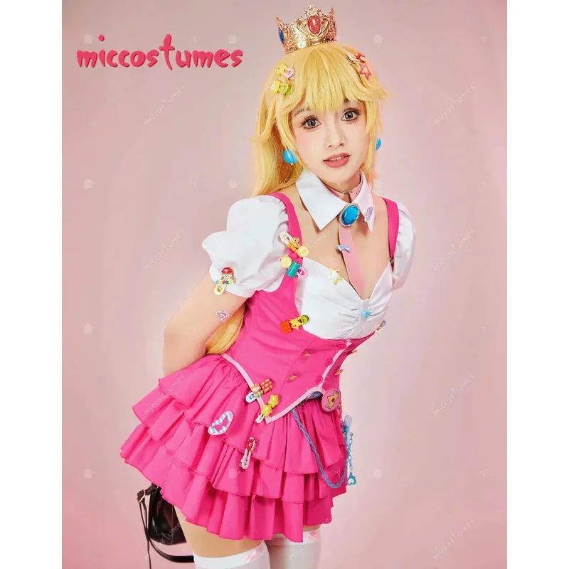 Miccostumes Peach Derivative Uniform Style Outfit Short Sleeved Shirt and Vest with Skirt Belt Set Princess Cosplay Costume