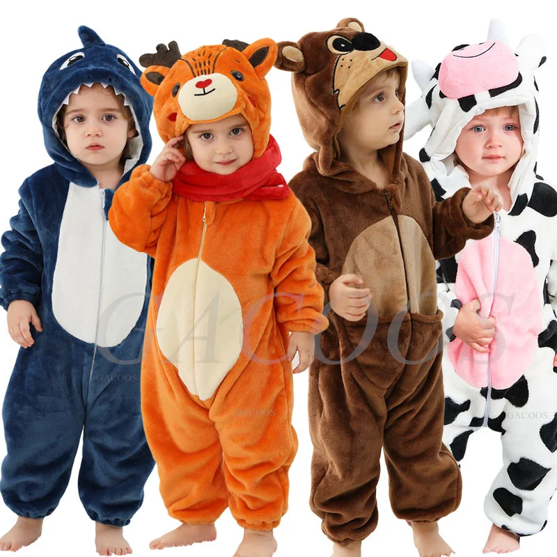 Baby Girls Onesie Kigurumi Monkey Unicorn Dinosaur Animal Cosplay Costume Winter Flannel Jumpsuit 1 to 4 Years Kids Boys Pajamas