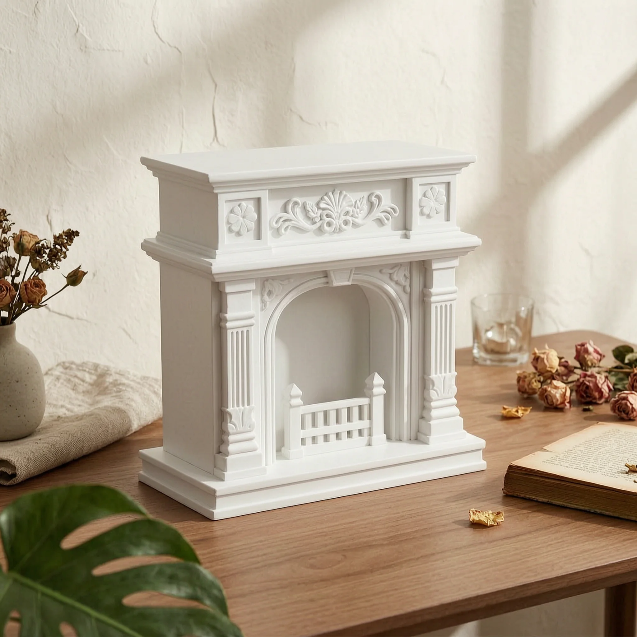 

Dollhouse Fireplace European Design 19th-Century Fireplace Model 19th-Century Mantel Piece Floral Relief Miniature Decor Stepped