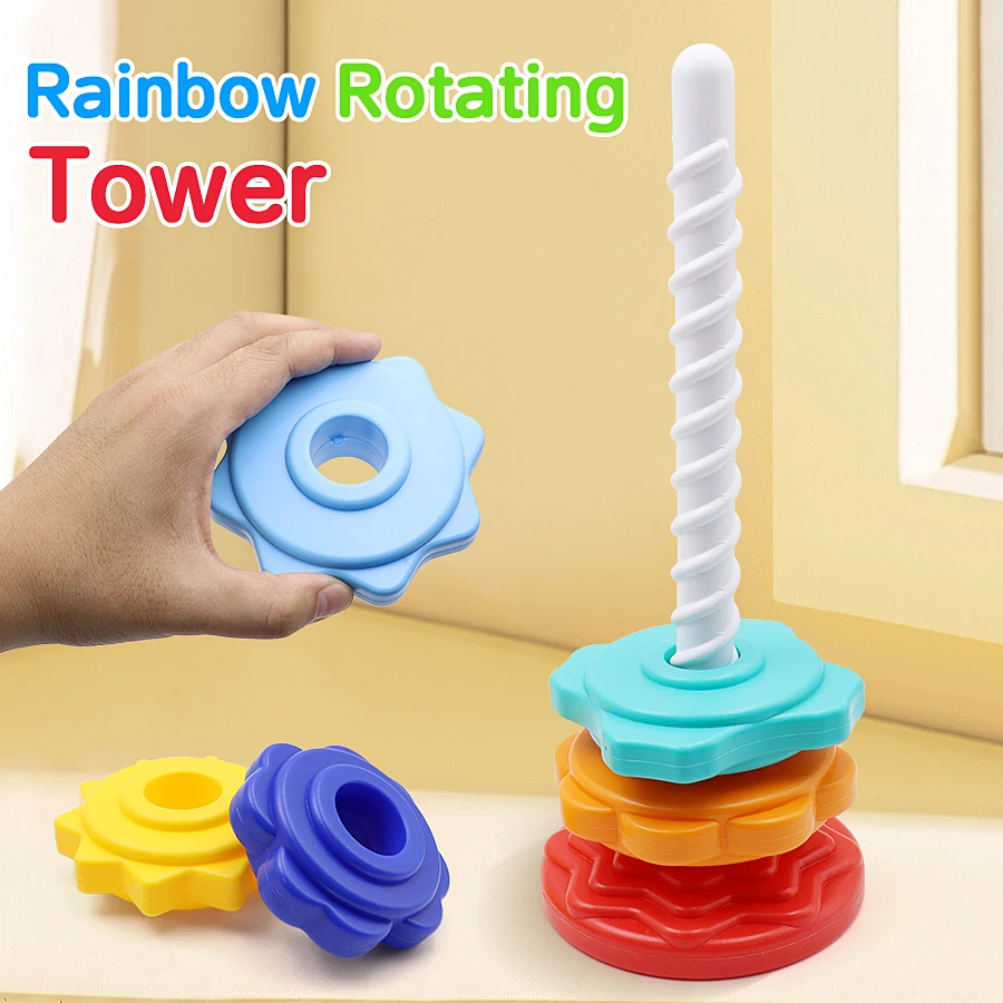 Rainbow colored rotating tower toy - Multi part detachable stacked educational toy - Halloween, early education Christmas gift