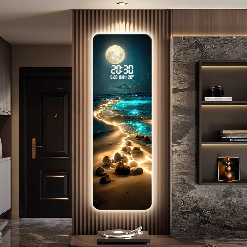 Light Luxury Advanced Waves Moon Landscape Element Design Digital Clock LED Lamp Carbon Crystal Plate Carved Decorative Painting