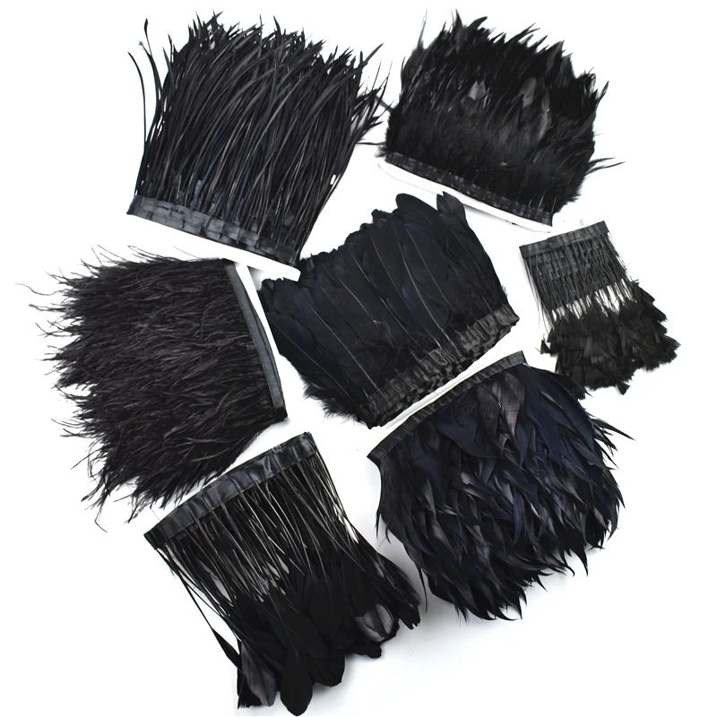 1Meters White Black Pheasant Feathers Tassel Fringe Trim Decoration on Tape Turkey Ostrich Goose Wedding Accessories Decoration