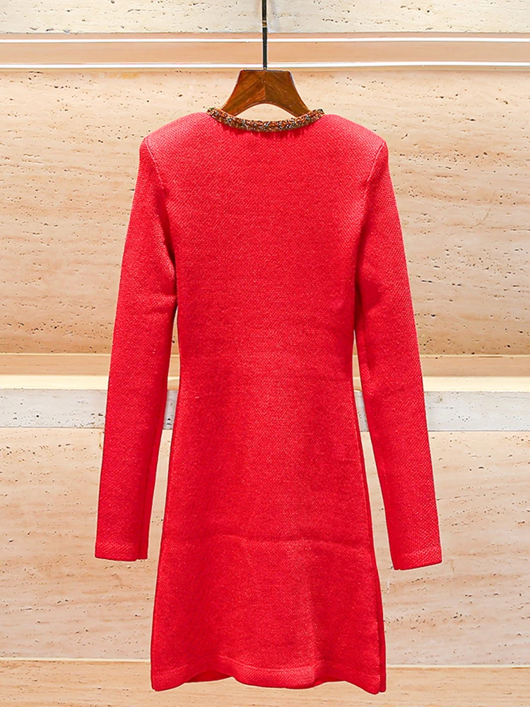 High-End Knitted V-Ne Red Dr with  Knot New Year Ele Lady Sle Polyester Fiber Midweight Long Sve ort...