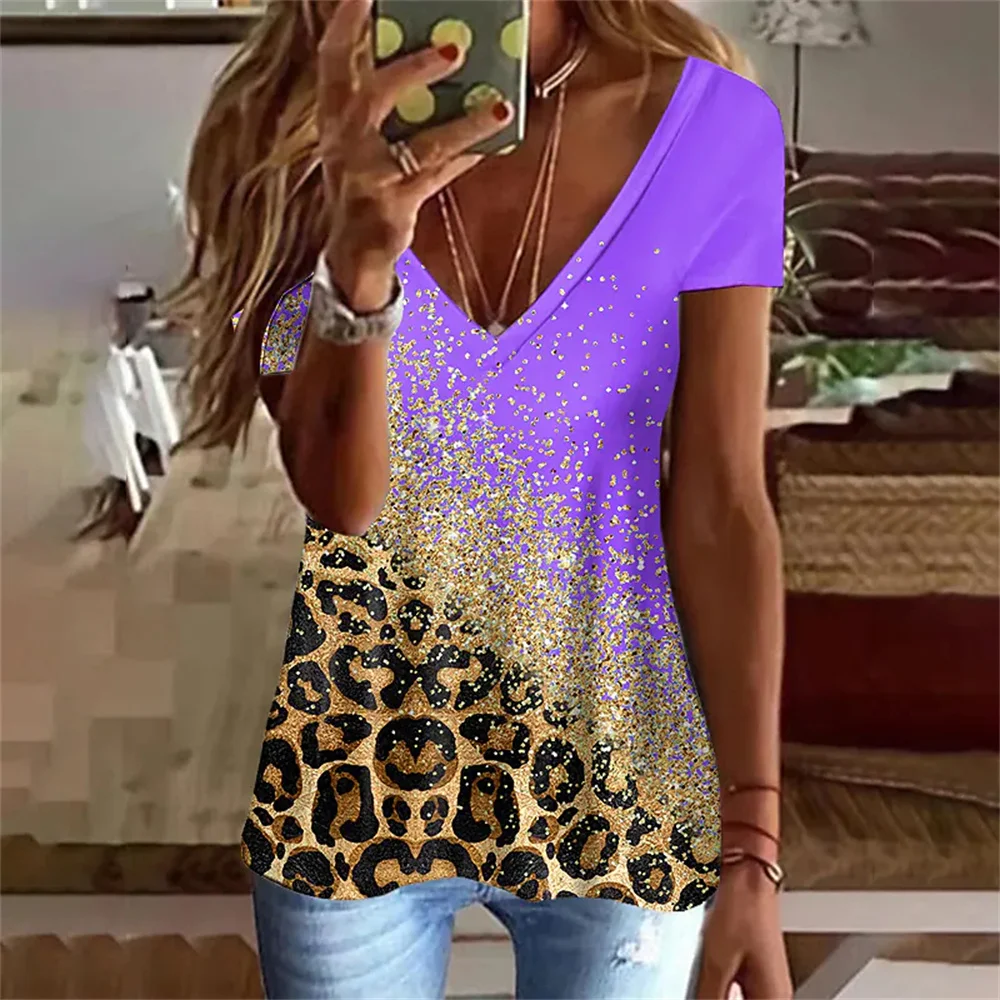 Fashion Leopard 3D Print T-shirt Women Y2k Tops Streetwear Harajuku Short Sleeve T Shirts V-Neck Tees Female Oversized Clothing image 2