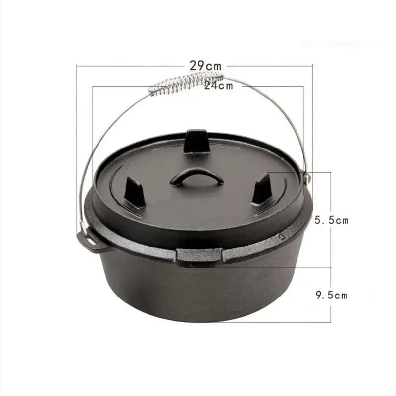 Cast Iron  Oven Camping Pot, Uncoated, Picnic, Multi-function, Outdoor Stew Pot, Barbecue Soup Pot, Cookware Tools, 25cm