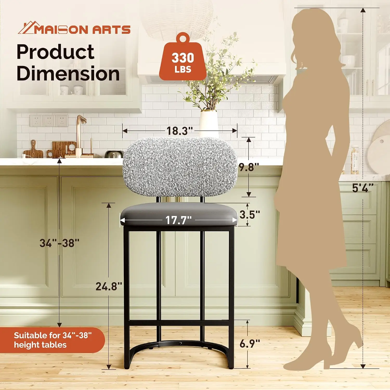 24 Inch Counter Height Bar Stools Set of 3 with Back, Modern Metal Kitchen Island Faux Leather Stools, Gray, Customized