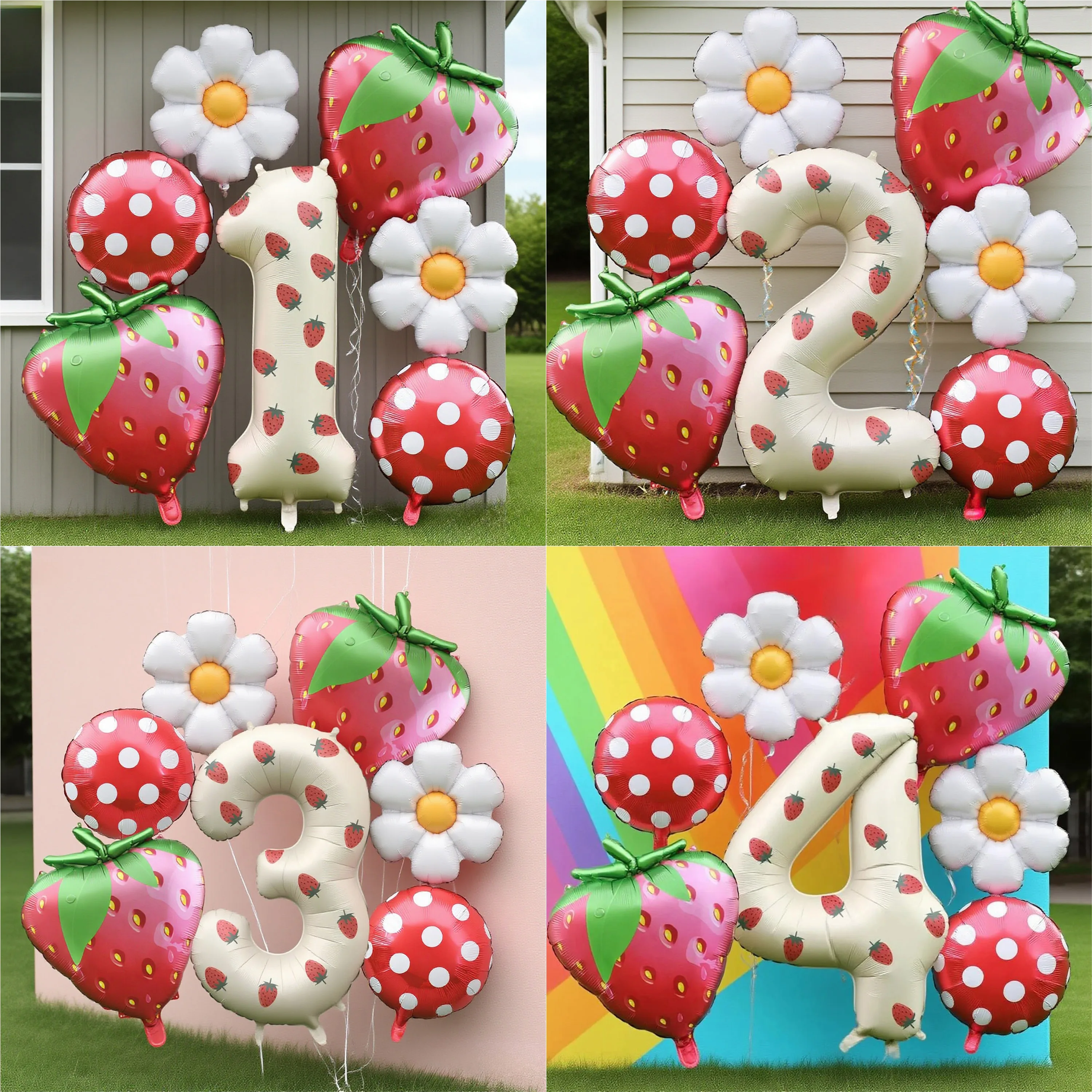 

Balloon Set: 0-9 number balloons with Strawberry sticker,Strawberry/Daisy/Polka Dot Balloons, Anniversary Birthday Party Decor​