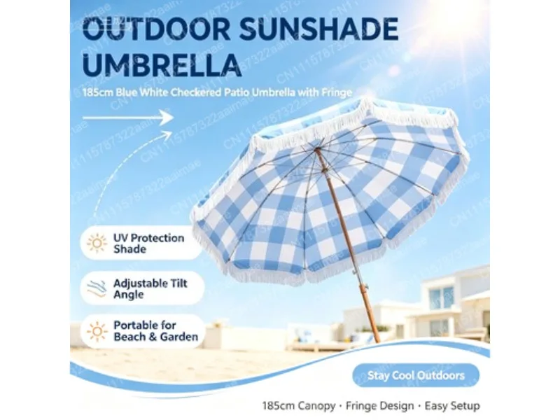Outdoor Beach Umbrella with Tassel Fringe for Patio Pool Sun Shade Parasol