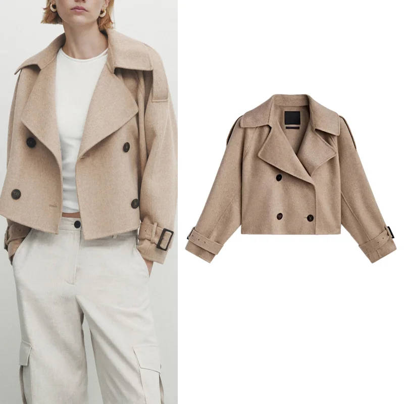 

MD Women's ort Double-Breasted Briti Sle Coat Woolen Jaet Small Size Faion Outerwear Autumn 2023 Long Sve Suit C...