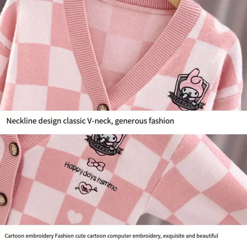 Kawaii Anime Sanrioed My Melody Children Sweater Cute Cartoon Plaid Knit Cardigan Fall/winter Girls Coat Loose Tops Kids Clothes