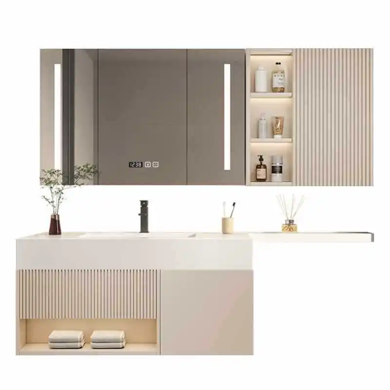 

Шкаф для ванной комнаты из цельного дерева, комбинированная каменная плита, керамическая встроенная раковина, удлинитель для унитаза, умывальник